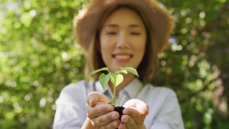 Asian-woman-holding-plant-in-garden-smiling-on-sunny-day