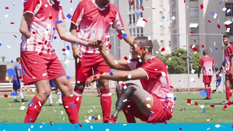 Colorful-confetti-falling-against-disabled-male-soccer-player-helping-his-teammate-to-get-up