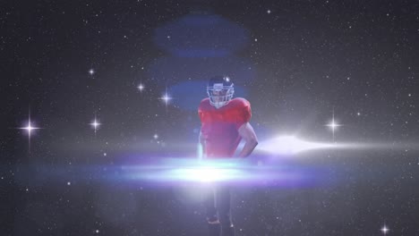 Männlicher-Rugbyspieler-Mit-Helm,-Der-Vor-Lichtspuren-Und-Leuchtenden-Sternen-Am-Nachthimmel-Steht