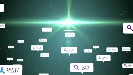 Animation-of-social-media-icons-and-numbers-on-white-banners-over-stars-on-green-sky