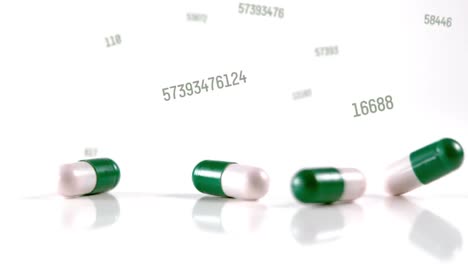 Animation-of-numbers-and-falling-pills-on-white-background