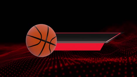 Animation-Eines-Sich-Bewegenden-Basketballs-Mit-Schwarzen-Und-Roten-Bannern-Auf-Welligem-Dunkelrotem-Hintergrund