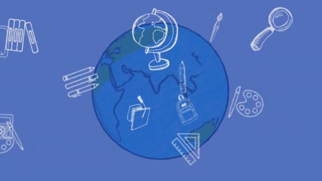 Animation-Weißer-Schulsymbole-über-Dem-Globus-Auf-Blauem-Hintergrund