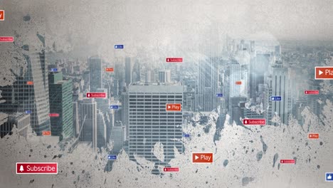 Animation-of-cursors-moving-over-social-media-icons-and-text-on-multi-coloured-banners-on-cityscape