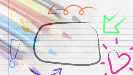 Animation-of-hand-drawn-speech-bubble-with-icons-over-colour-pencils-ruled-paper-background