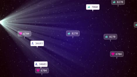 Animation-of-social-media-icons-and-numbers-on-white-and-grey-banners-over-stars-on-purple-sky