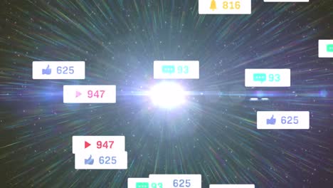 Animation-of-social-media-icons-and-numbers-on-white-banners-over-stars-on-glowing-sky