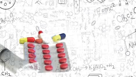 Animation-of-medications-over-mathematical-equations-and-chemical-icons-on-white-background