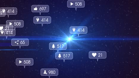 Animation-of-social-media-icons-and-numbers-on-grey-banners-over-stars-on-night-sky