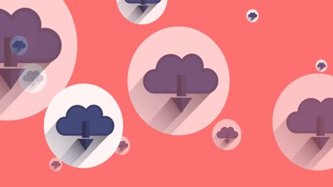 Animation-of-online-clouds-and-arrow-icons-moving-on-pink-background