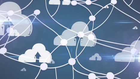 Animation-of-network-of-connections-over-digital-clouds-with-arrows-on-blue-background