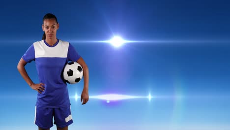 Animation-of-african-american-female-football-player-holding-ball,-over-blue-background-with-lights