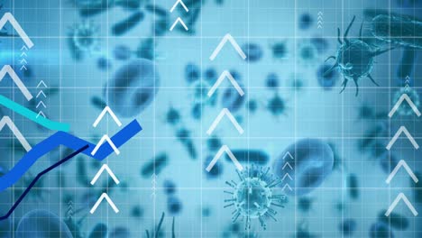 Animation-of-white-arrows-and-blue-lines-recording-over-covid-19-cells