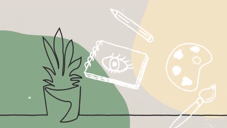 Animation-Handgezeichneter-Schulsymbole-über-Einer-Pflanze-Auf-Gelbem-Und-Grünem-Hintergrund