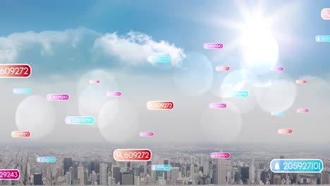 Animation-of-social-media-icons-and-numbers-on-multi-coloured-banners-over-cityscape