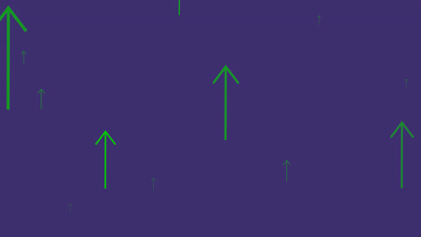 Animation-of-green-arrows-pointing-up-moving-on-purple-background