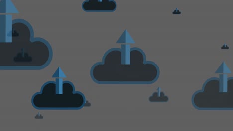 Animation-Von-Wolken-Mit-Blauen-Pfeilen,-Die-Sich-Auf-Grauem-Hintergrund-Bewegen