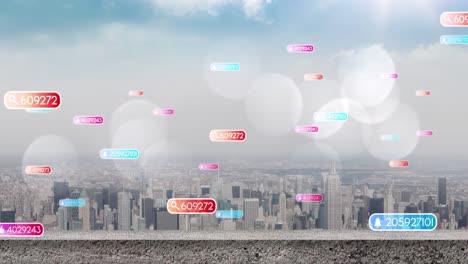 Animation-of-social-media-icons-and-numbers-on-multi-coloured-banners-over-cityscape