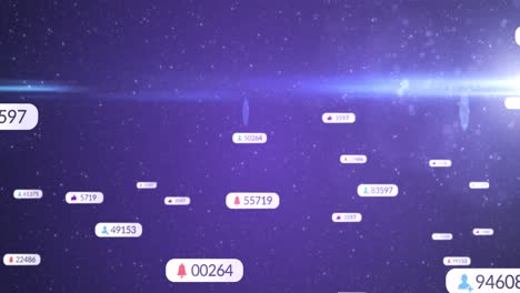 Animation-of-cursors-over-social-media-icons-and-numbers-on-white-banners-and-stars-on-purple-sky