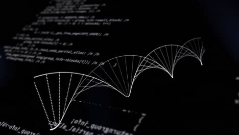 Animation-Eines-Sich-Drehenden-DNA-Stammes-über-Der-Wissenschaftlichen-Datenverarbeitung-Auf-Schwarzem-Hintergrund