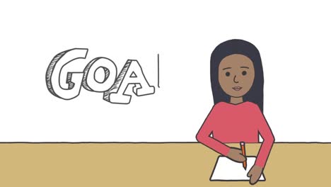 Animation-of-goal-symbol-and-schoolgirl-writing-on-white-background