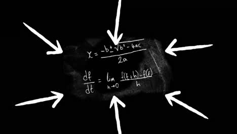 Animation-of-white-arrows-pointing-to-mathematical-equations-on-blackboard