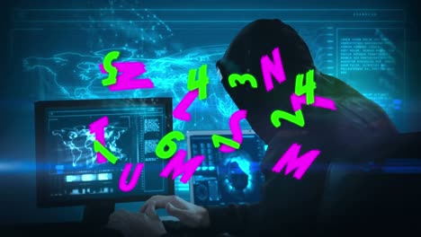 Animation-Schwebender-Buchstaben,-Zahlen-Und-Datenverarbeitung-über-Einem-Kaukasischen-Mann,-Der-Einen-Computer-Verwendet