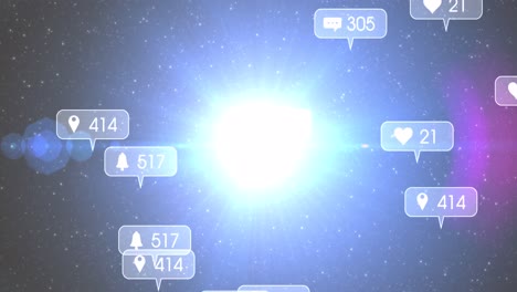 Animation-of-social-media-icons-and-numbers-on-grey-banners-over-stars-on-glowing-sky