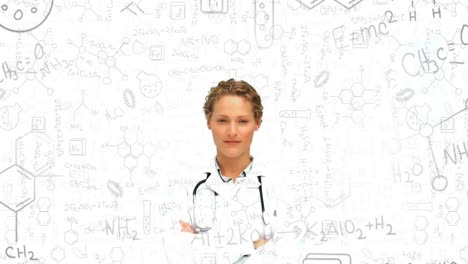 Animation-of-chemical-icons-over-caucasian-female-doctor-on-white-background