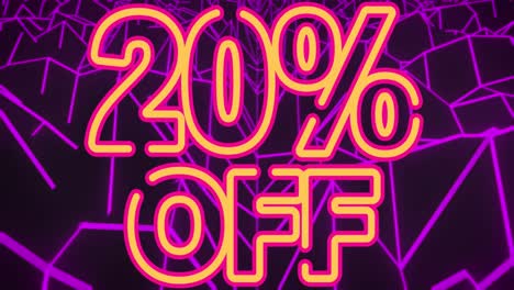 Animation-of-20-percent-off-neon-text-on-purple-cubes-in-background