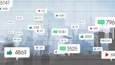 Animation-of-social-media-icons-and-numbers-on-banners-over-statistics,-airplane-and-cityscape