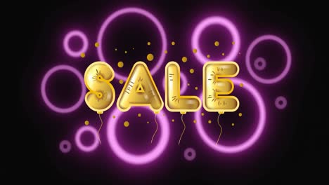 Animation-of-yellow-balloon-sale-text-in-on-purple-neon-circles-in-background