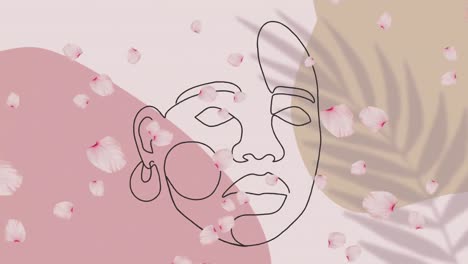 Animation-of-black-outlined-face-with-petals-floating-on-pink-and-beige-background