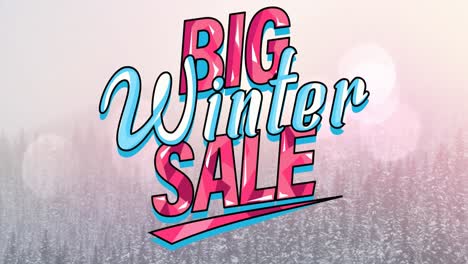 Animation-of-big-winter-sale-text-in-red-and-blue-letters-over-winter-landscape-background