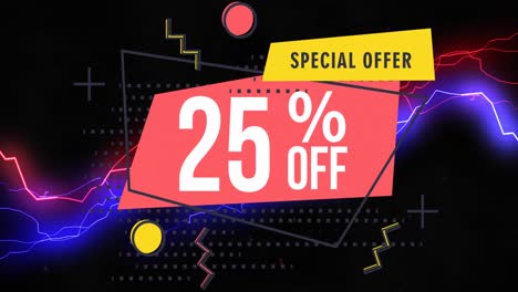 Animation-of-special-offer-25-percent-off-text-on-electric-light-trails-background