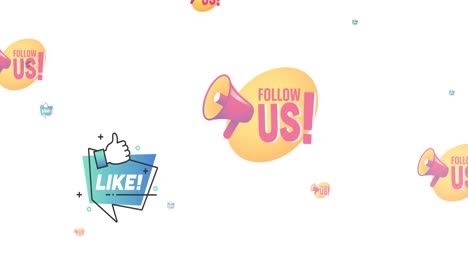 Animation-of-follow-us-and-like-text-and-social-media-icons-on-white-background