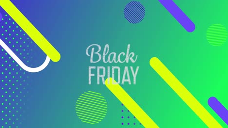 Animation-of-black-friday-text-in-white-with-abstract-shapes-on-blue-to-green-gradient-background