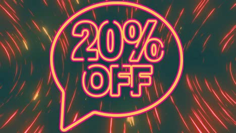 Animation-of-20-percent-off-text-in-orange-and-pink-neon-letters-with-light-trails-in-background