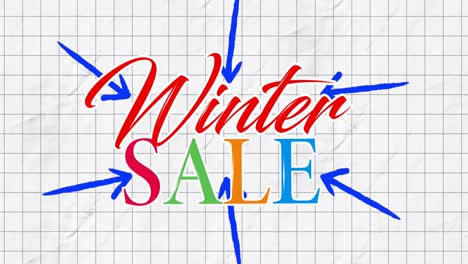 Animation-of-arrows-pointing-to-winter-sale-text-on-squared-white-paper-in-background