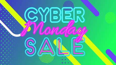 Animation-of-cyber-monday-sale-neon-text-with-abstract-shapes-on-green-to-blue-gradient-background