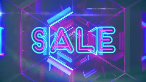 Animation-of-sale-neon-text-over-neon-pink-and-blue-tunnel-in-background