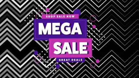 Animation-of-mega-sale-text-on-purple-and-pink-banners-and-zig-zag-pattern-on-black-background