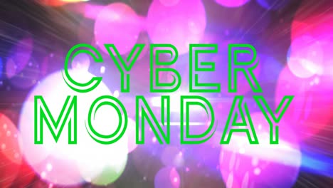 Animation-of-cyber-monday-sale-green-neon-text-with-spots-of-light-in-background