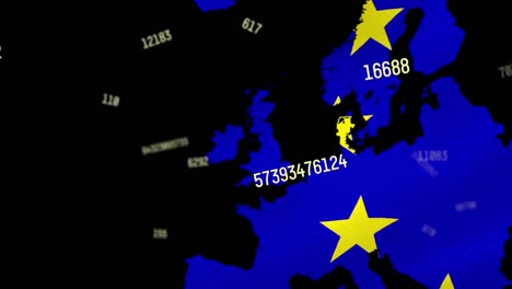 Animation-of-numbers-and-world-map-of-eu-on-black-background