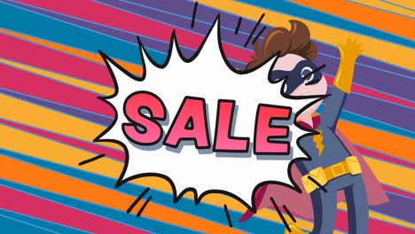 Animation-of-sale-text-in-pink-letters-on-retro-speech-bubble,-superhero-and-stripes