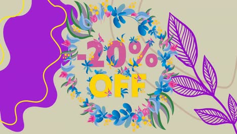 Animation-of-20-percent-off-text-over-floral-pattern-on-purple-and-beige-background