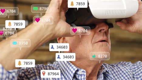 Animation-of-social-media-icons-and-numbers-on-banners-over-man-using-vr-headset