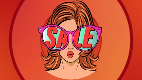 Animation-of-sale-text-over-woman-with-sunglasses-and-pulsating-red-circles-in-background