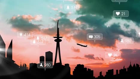 Animation-of-social-media-icons-and-numbers-on-banners-over-airplane-taking-off-and-cityscape