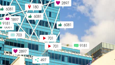 Animation-of-social-media-icons-and-numbers-on-banners-over-cityscape